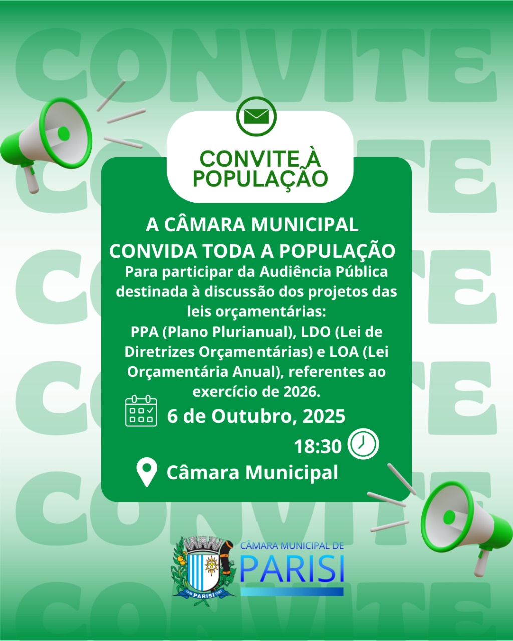 Câmara Municipal de Parisi recebe os projetos da LDO, PPA e LOA para 2026.