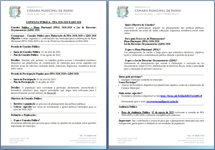 CONSULTA PÚBLICA - PPA 2026-2029 E LDO 2026.